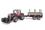 Leluautot - Bruder Massey Ferguson 7480 etukuormaajalla ja puutavaran perävaunulla. - 02046