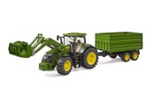 Leluautot - Bruder John Deere 7R 350 etukuormaajalla ja tandemakselilla varustettu kippiperävaunu. - BR3155