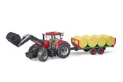 Leluautot - Bruder Case IH Optum 300 CVX etukuormaimella ja paalikuljetustrailerilla, jossa on 8 pyöreää paalia. - BR3198