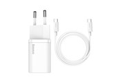 Puhelin - Adapterit & Laturit - Baseus Super Si Quick Charger 1C 25W with USB-C cable for USB-C 1m (white) - TZCCSUP-L02