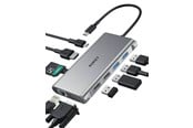 Telakointiasemat - Aukey Aluminum USB-C Hub | 10 in 1 | RJ45 Ethernet 10/100/1000Mbps | 4xUSB | HDMI 4k@30Hz | SD and microSD | USB-C Power Delivery 100W - CB-C89