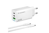 Puhelin - Adapterit & Laturit - Wozinsky GaN 65W Charger with USB-A 2xUSB-C Ports with 65W USB-C Cable - White - 5907769383922