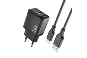 Puhelin - Adapterit & Laturit - Dudao A23TEU 2.4A GaN USB-A wall charger with USB-A cable - USB-C - black - 6976625334018
