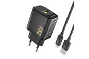 Puhelin - Adapterit & Laturit - Dudao A27STEU 25W GaN USB-A Wall Charger with USB-A - USB-C - Black Cable - 6976625334889