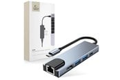 USB hub - Tech-Protect V3 5in1 USB-C - USB-A 3.0 / USB-A 2.0 / USB-C / HDMI / RJ45 - grey USB hub - 6 satamat - USB 2.0 - Harmaa - 9589046919312