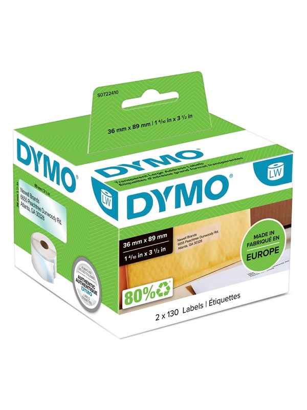 DYMO LW suuret osoitetarrat, 36 mm x 89 mm, musta tulostus kirkkaalle, 1 x 260 kpl tarrarullaa (yht 260 tarraa), itseliimautuva, LabelWriter-tarratulostimille, aito