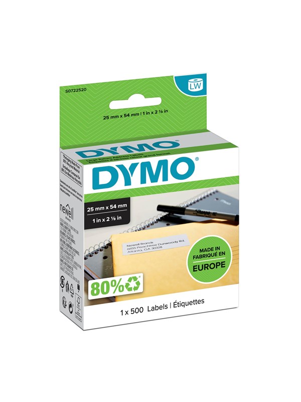 DYMO LW suuret palautusosoitetarrat, 25 mm x 54 mm, 500 helppokäyttöisen tarran rulla, itseliimautuva, LabelWriter-tarratulostimille, aito