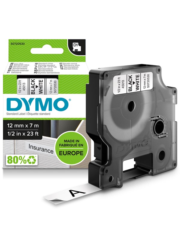 DYMO D1 -teipit, 12 mm x 7 m, musta teksti valkoiselle, itseliimautuvat teipit LabelManager-tarratulostimille, aito