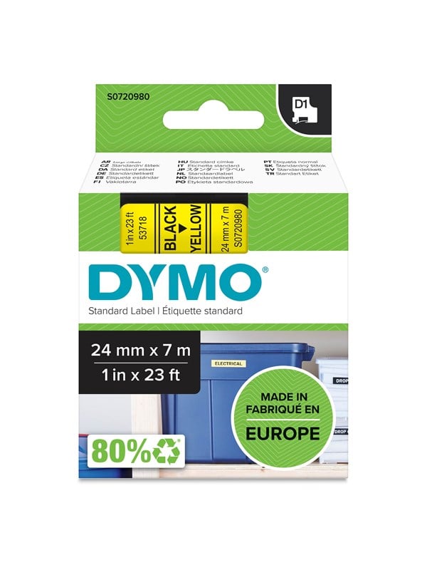DYMO D1 -teipit, 24 mm x 7 m, musta teksti keltaiselle, itseliimautuvat teipit LabelManager-tarratulostimille, aito
