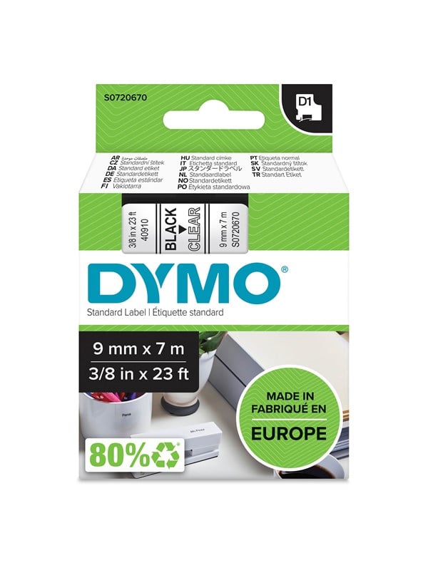 DYMO D1 -teipit, 9 mm x 7 m, musta teksti kirkkaalle, itseliimautuvat teipit LabelManager-tarratulostimille, aito