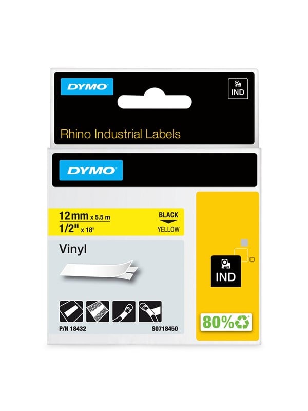 DYMO Rhino -vinyyliteipit, 12 mm x 5,5 m, musta / keltainen, itseliimautuva