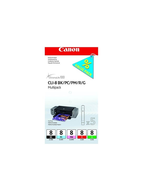 Canon CLI-8 / 0620B029 mustepatruunapakkaus, joka sisältää mustan, syaanin, magentan, punaisen ja vihreän patruunan.