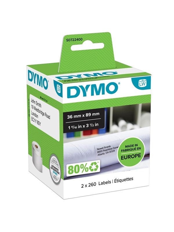 DYMO LW suuret osoitetarrat, 36 mm x 89 mm, musta tulostus valkoiselle, 2x 260 kpl tarrarullaa (yht 520 tarraa), itseliimautuva, LabelWriter-tarratulostimille, aito