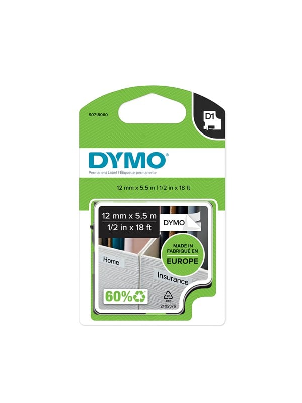 DYMO D1 pysyvät polyesteritarrat, 12 mm x 5,5 m rulla, musta painatus valkoiselle, itseliimautuvat tarrat LabelManager-tarratulostimiin, aito