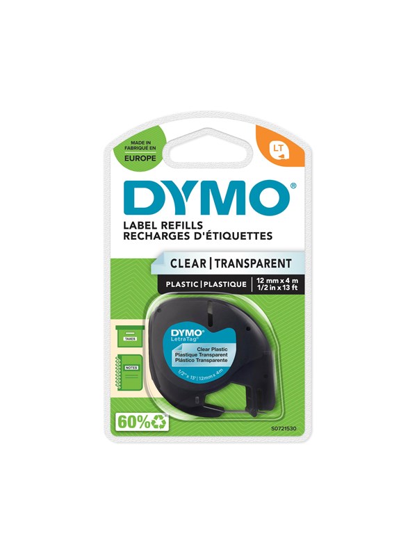 DYMO LT -muoviteipit, 12 mm x 4 m rulla, musta teksti kirkkaalle, LetraTag-tulostimille
