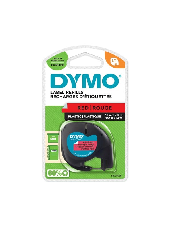 DYMO LT -muoviteipit, 12 mm x 4 m rulla, musta teksti punaiselle, LetraTag-tulostimille