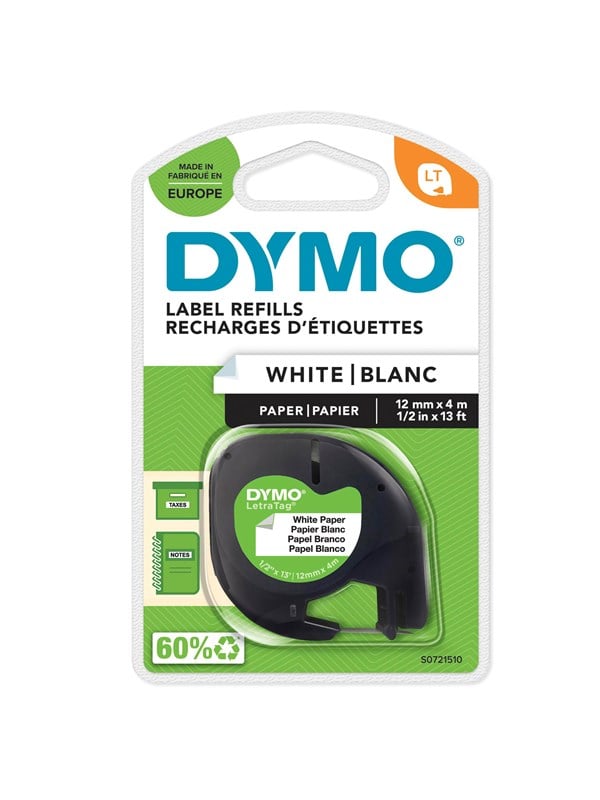 DYMO LetraTag Paperitarrat | Aito | 12 mm x 4 m Rulla | Musta painatus valkoisella | Itseliimautuvat monikäyttöiset tarrat LetraTag-tarrakirjoittajille