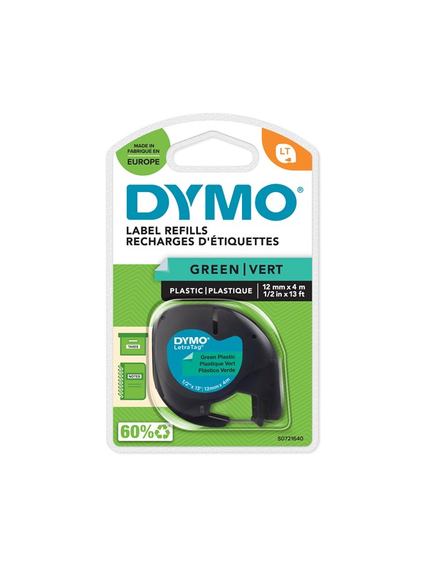 DYMO LT -muoviteipit, 12 mm x 4 m rulla, musta teksti vihreälle, LetraTag-tulostimille