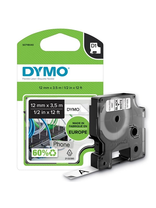 DYMO D1 -joustavat nylon teipit, 12 mm x 3.5 m, musta teksti valkoiselle, itseliimautuvat teipit LabelManager-tarratulostimille, aito