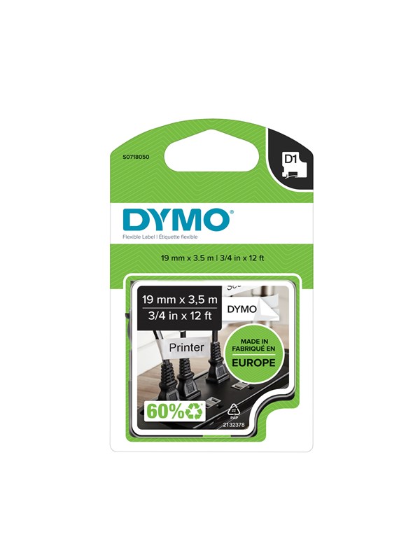DYMO D1 -joustavat nylon teipit, 19 mm x 3.5 m, musta teksti valkoiselle, itseliimautuvat teipit LabelManager-tarratulostimille, aito