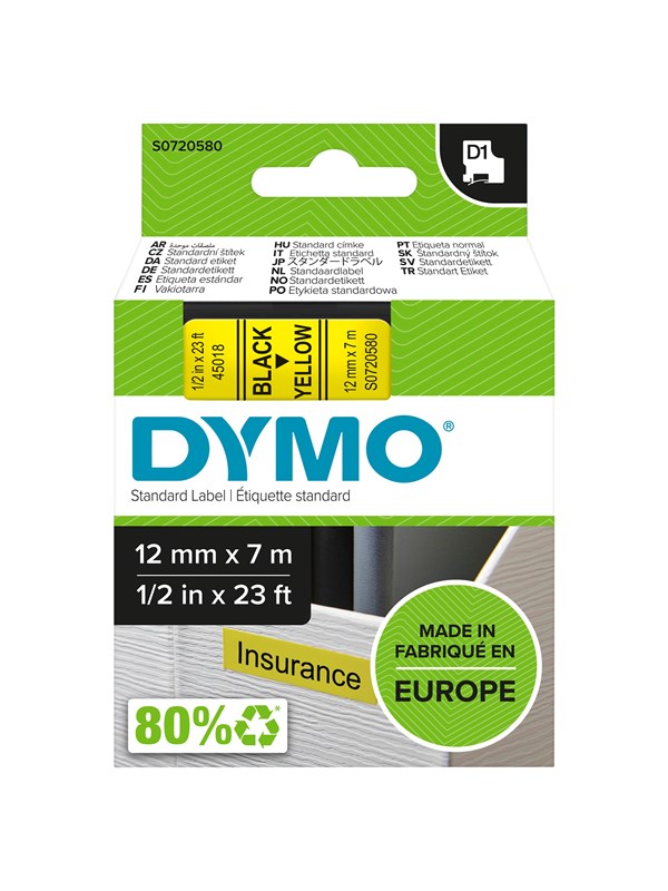 DYMO D1 -teipit, 12 mm x 7 m, musta teksti keltaiselle, itseliimautuvat teipit LabelManager-tarratulostimille, aito