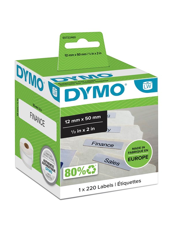DYMO LW -jousitiedostotarrat, 12 mm x 50 mm, rulla 220 helppokäyttöistä tarraa, itseliimautuva, LabelWriter-tarratulostimille, aito
