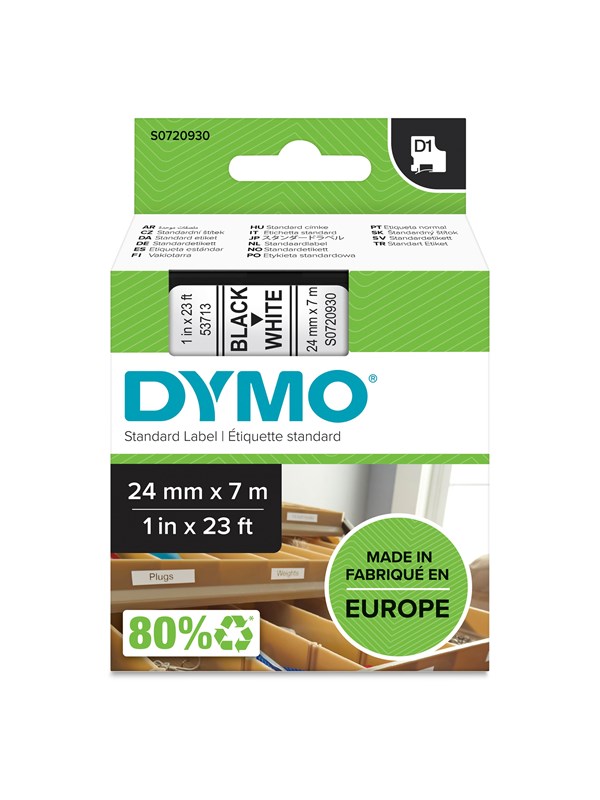 DYMO D1 -teipit, 24 mm x 7 m, musta teksti valkoiselle, itseliimautuvat teipit LabelManager-tarratulostimille, aito