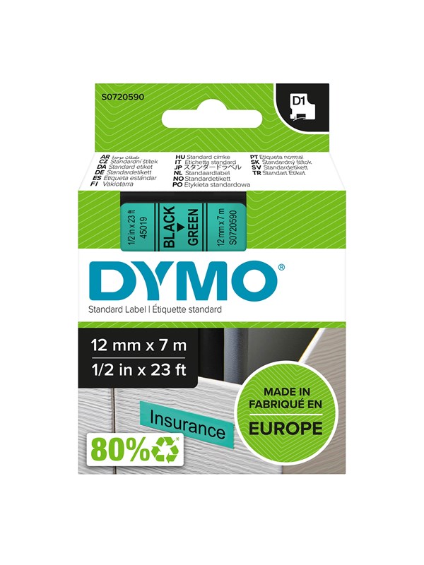 DYMO D1 -teipit, 12 mm x 7 m, musta teksti vihreälle, itseliimautuvat teipit LabelManager-tarratulostimille, aito