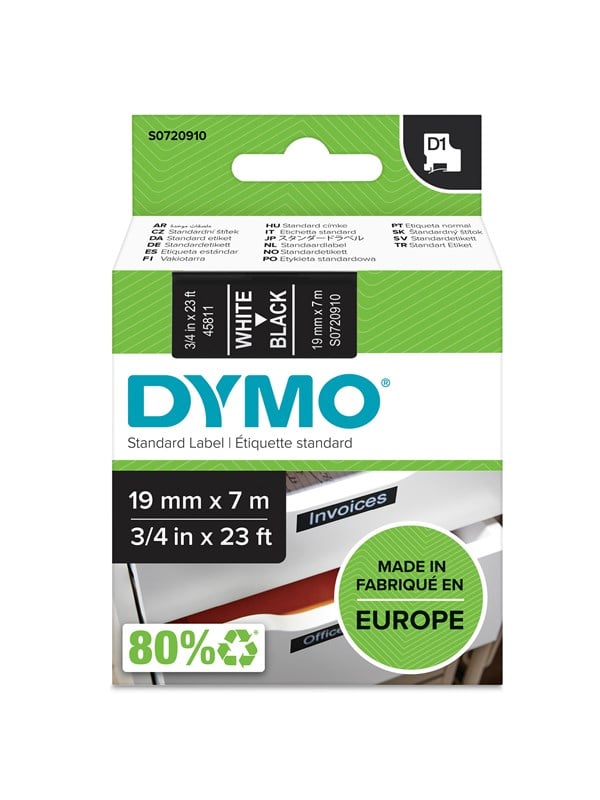 DYMO D1 -teipit, 19 mm x 7 m, valkoinen teksti mustalle, itseliimautuvat teipit LabelManager-tarratulostimille, aito