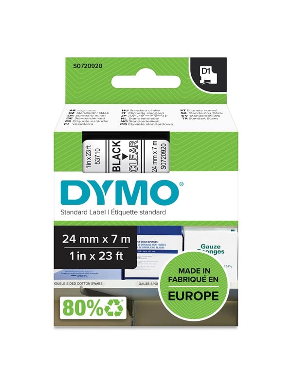 DYMO D1 -teipit, 24 mm x 7 m, musta teksti kirkkaalle, itseliimautuvat teipit LabelManager-tarratulostimille, aito