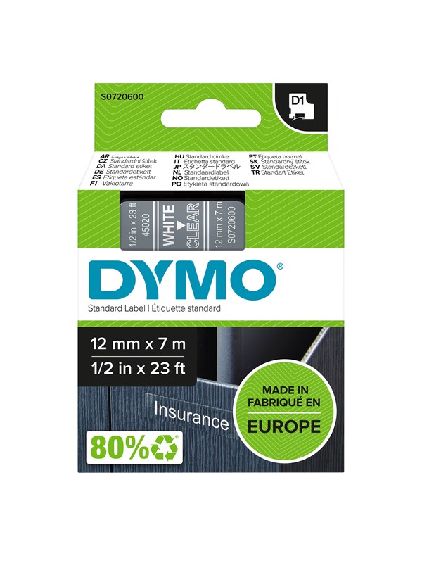 DYMO D1 -teipit, 12 mm x 7 m, valkoinen / kirkas, itseliimautuvat teipit LabelManager-tarratulostimille, aito