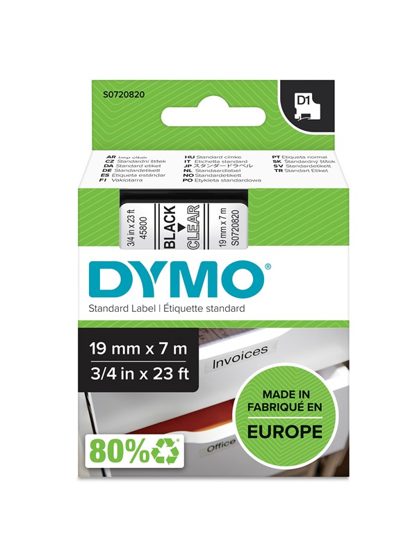 DYMO D1 -teipit, 19 mm x 7 m, musta / kirkas, itseliimautuvat teipit LabelManager-tarratulostimille, aito