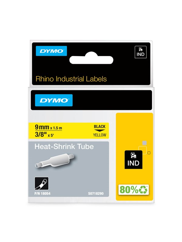 DYMO Rhino kutisteputket, 9 mm x 1,5 m, musta painatus keltaiselle