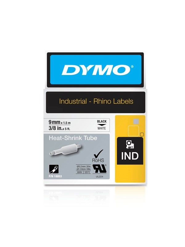 DYMO Rhino kutisteputket, 9 mm x 1,5 m, musta painatus valkoiselle