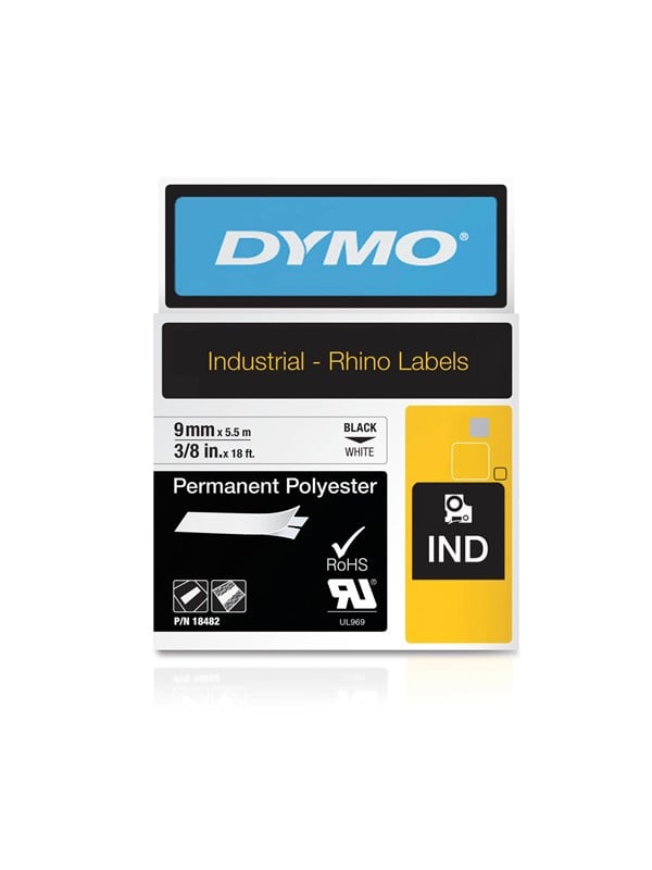 DYMO Dymo Rhino - Pysyvät polyesteriteipit, 9 mm x 5,5 m - musta valkoisella