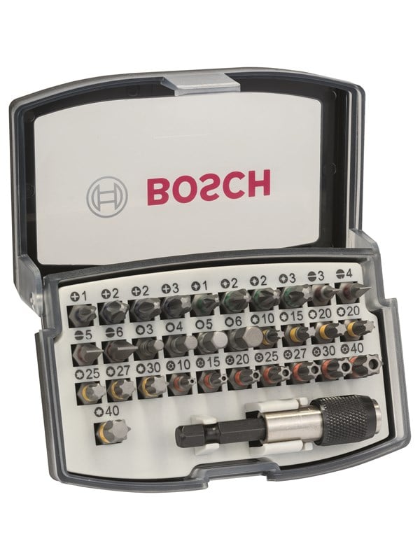 Bosch 32-os. ruuvauskärkisarja PH1; PH2; PH2; PH3; PZ1; PZ2; PZ2; PZ3; HEX 3; HEX 4; HEX 5; HEX 6; T10; T15; T20; T20; T25; T27; T30; T40