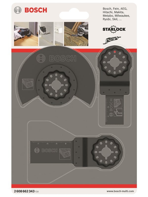 Bosch 3-osainen yleispuusarja HCS-segmenttisahanterä Wood (1x); HCS-upotussahanterä Wood (1x); BIM-upotussahanterä Wood and Metal (1x)