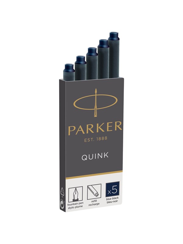 Parker Fountain Pen Ink Refill Cartridges | Long | Blue-Black QUINK Ink | 5 Count