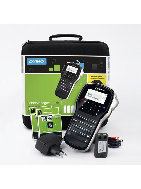 DYMO LabelManager 280 -kannettava tarratulostin, QWERTY-näppäimistö, 2 kpl D1 -teippejä, kantolaukku ja ladattava akku.