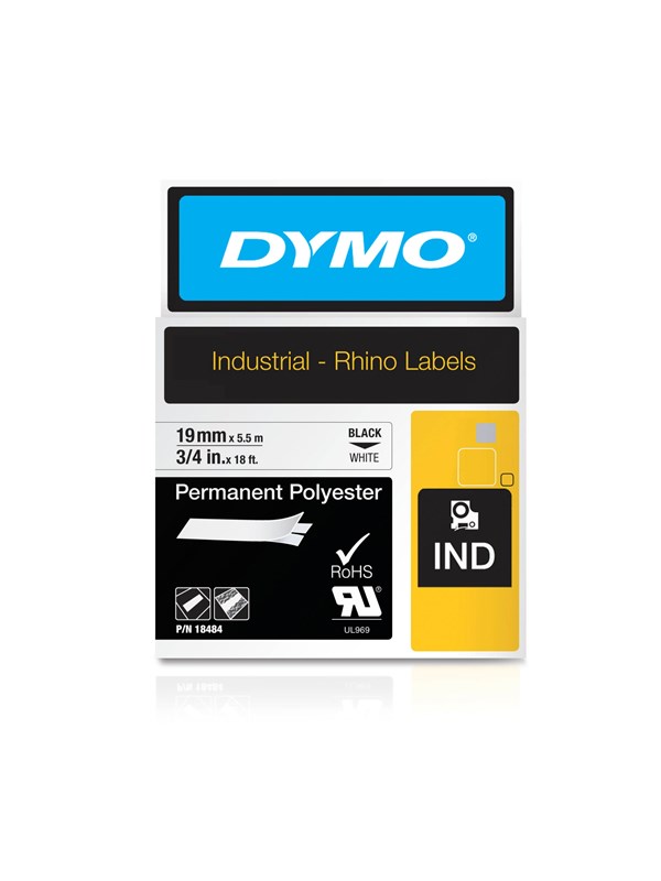 DYMO Dymo Rhino - Pysyvät polyesteriteipit, 19 mm x 5,5 m - musta valkoisella