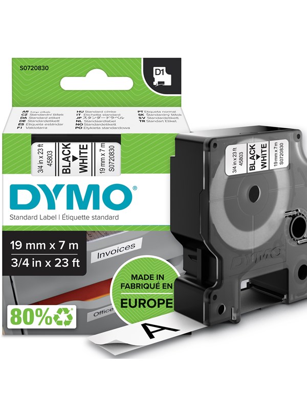 DYMO D1 -teipit, 19 mm x 7 m, musta teksti valkoiselle, itseliimautuvat teipit LabelManager-tarratulostimille, aito