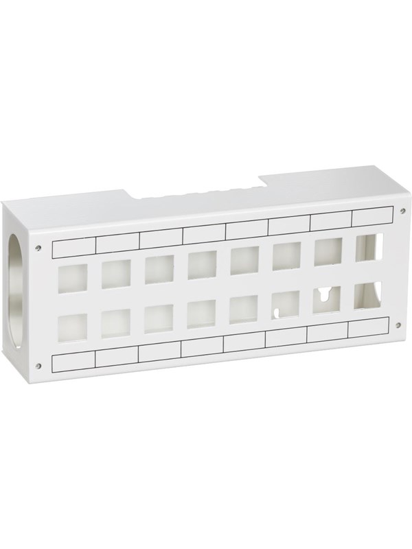 LK Actassi 19 tuuman data outlet -liitäntälaatikko, jossa on 16 x RJ45. Mitat ovat BDH = 250x60x100.