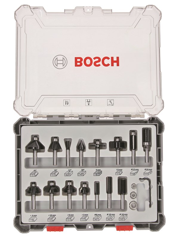 Bosch Jyrsinteräsarja, 15 kpl:n valikoima, 8 mm:n kara 15-piece Mixed Application Router Bit Set.