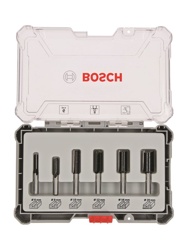 Bosch Jyrsinteräsarja, 6 kpl, urajyrsimet, 8 mm:n kara 6-piece Straight Router Bit Set.