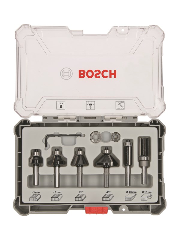 Bosch Jyrsinteräsarja, 6 kpl, tasaukseen ja reunaukseen, 8 mm:n kara 6-piece Trim and Edging Router Bit Set.