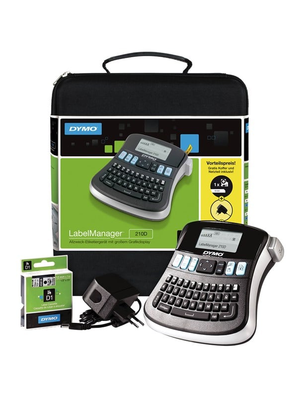 DYMO LabelManager 210D -kannettava tarratulostin, QWERTY-näppäimistö, 12 mm mustavalkoisella D1 -tarrat ja kantolaukku