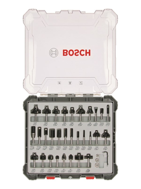 Bosch Jyrsinteräsarja, 30 kpl:n valikoima, 6 mm:n kara 30-piece Mixed Application Router Bit Set.