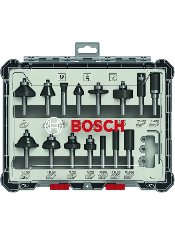 Bosch Jyrsinteräsarja, 15 kpl:n valikoima, 1/4 tuuman kara 15-piece Mixed Application Router Bit Set.