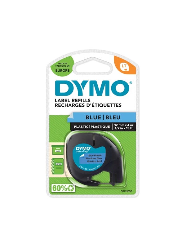 DYMO LT -muoviteipit, 12 mm x 4 m rulla, musta teksti siniselle, LetraTag-tulostimille