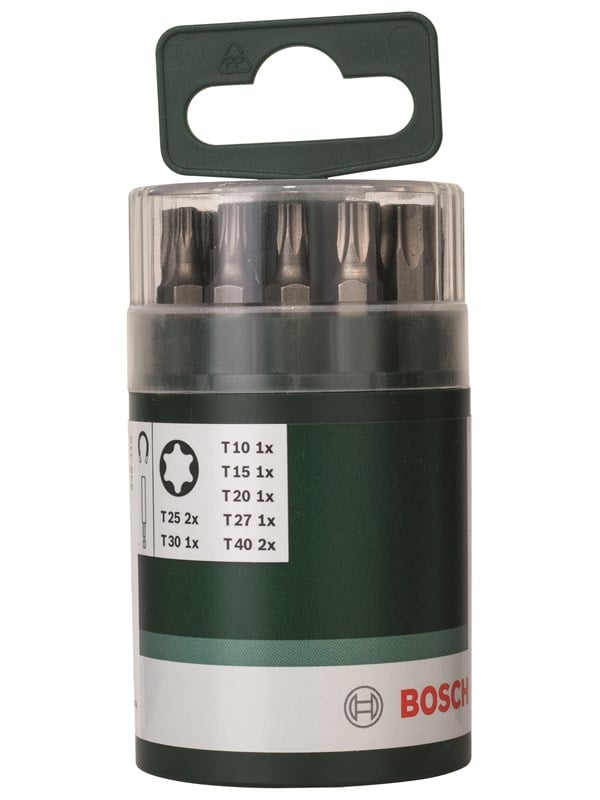 Bosch 10-os. ruuvauskärkisarja standardi Torx-koloruuveille (T) Magneettinen yleispidin; T10; T15; T20; T25 (2x); T27; T30; T40 (2x); 25 mm